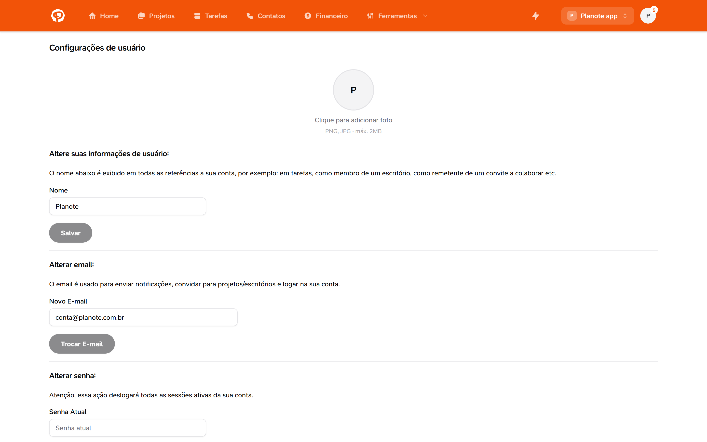 Tela de configurações do usuário