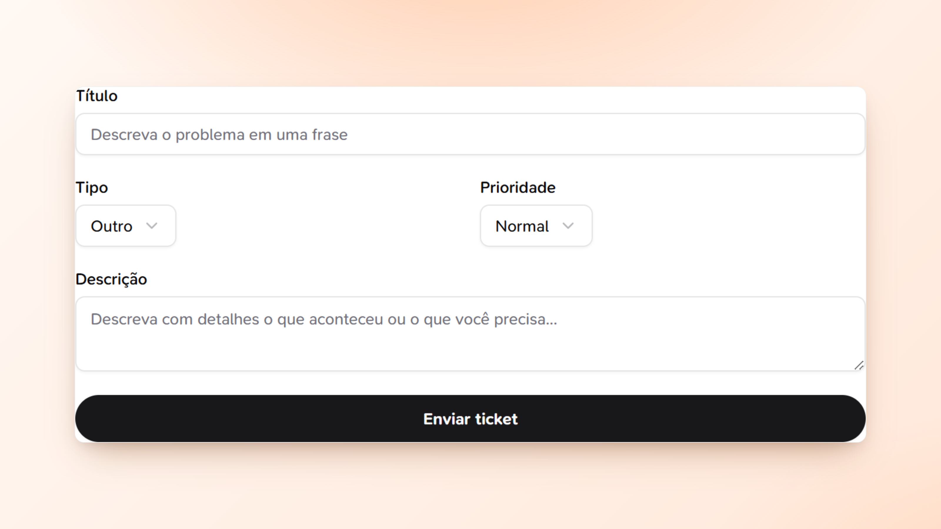 Formulário de novo chamado de suporte