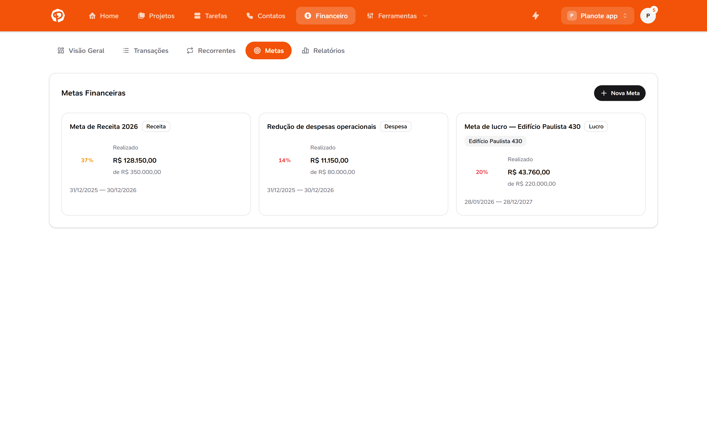 Cartões de metas com barra de progresso