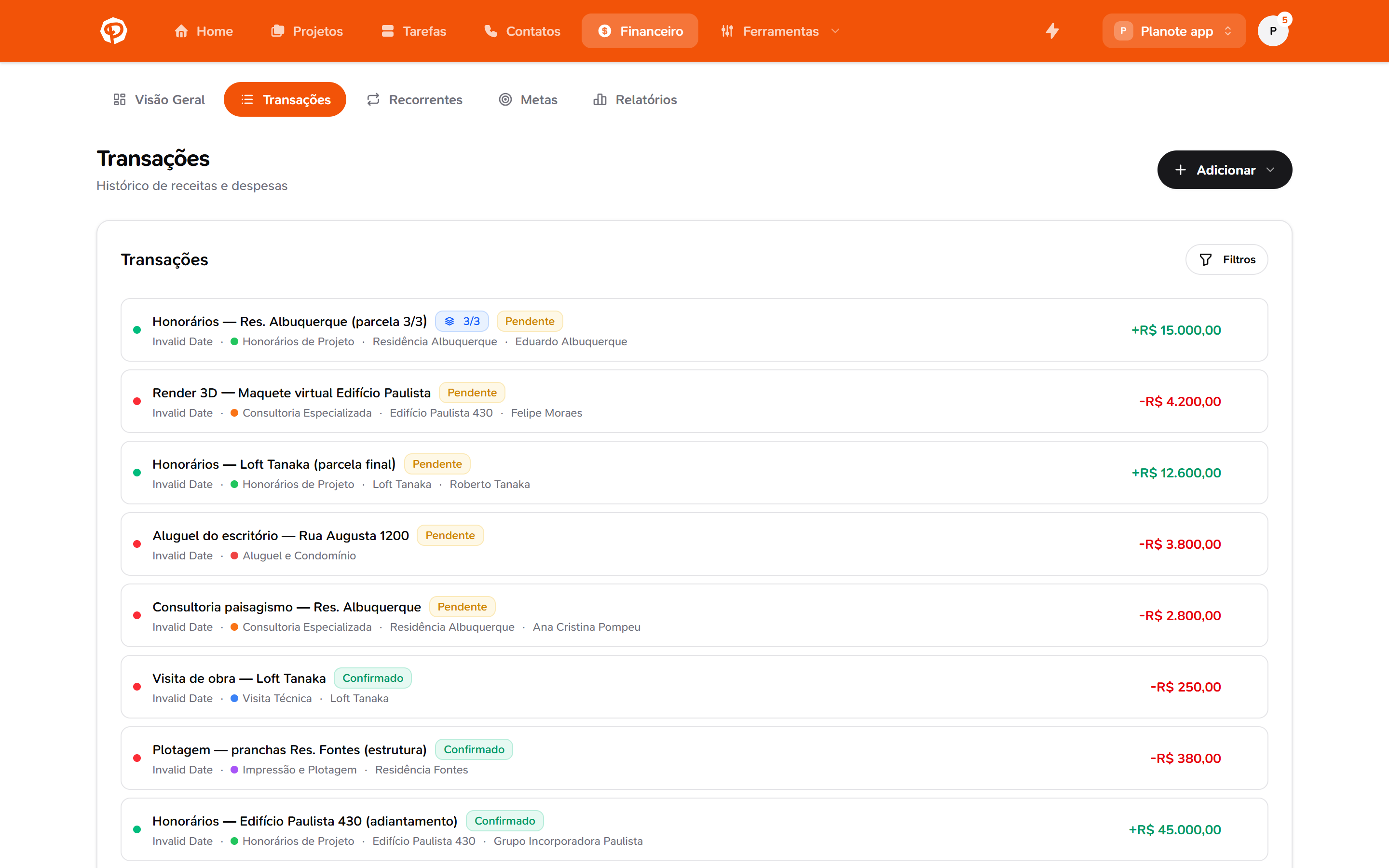 Lista de transações com filtros