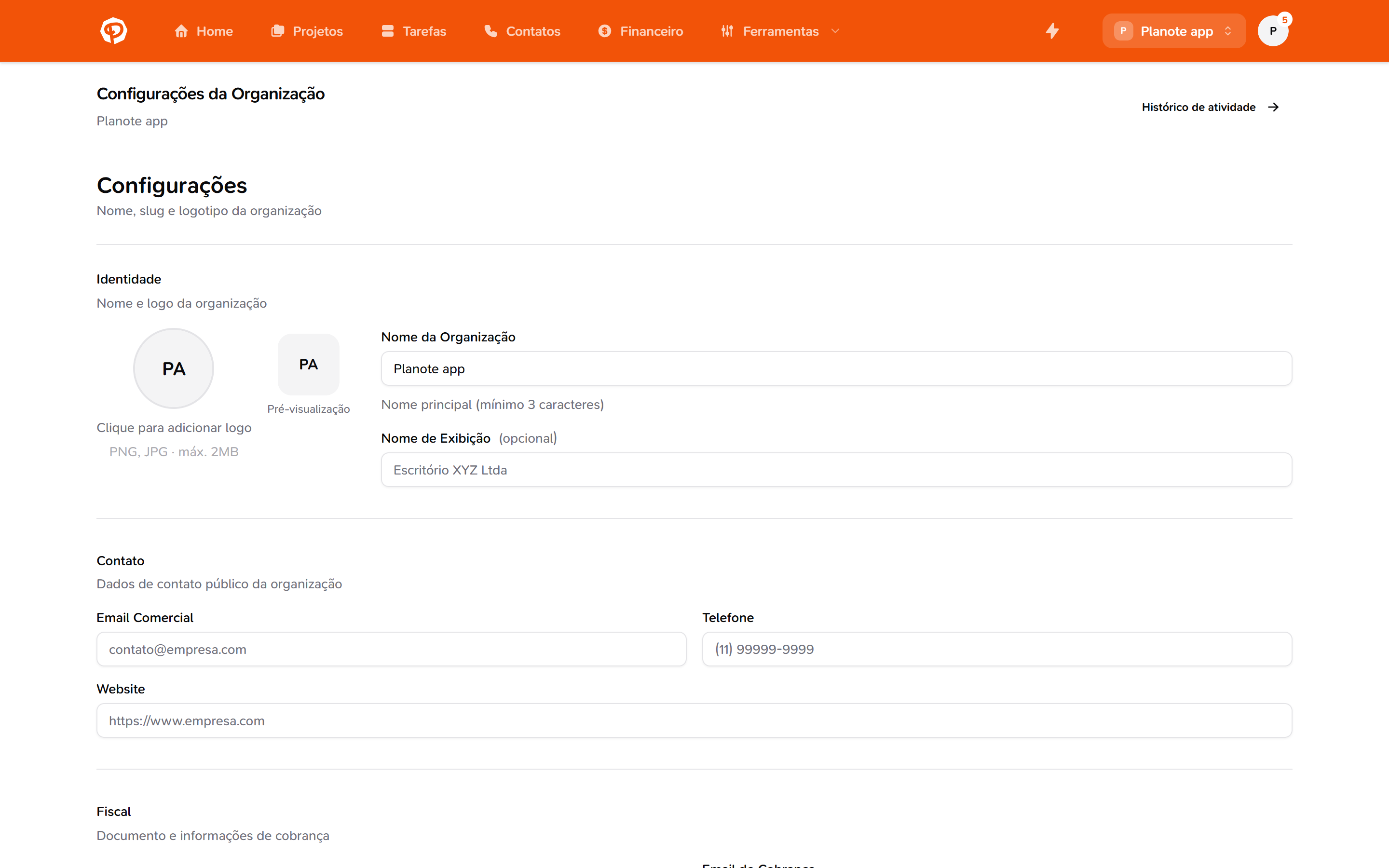 Configurações gerais da organização