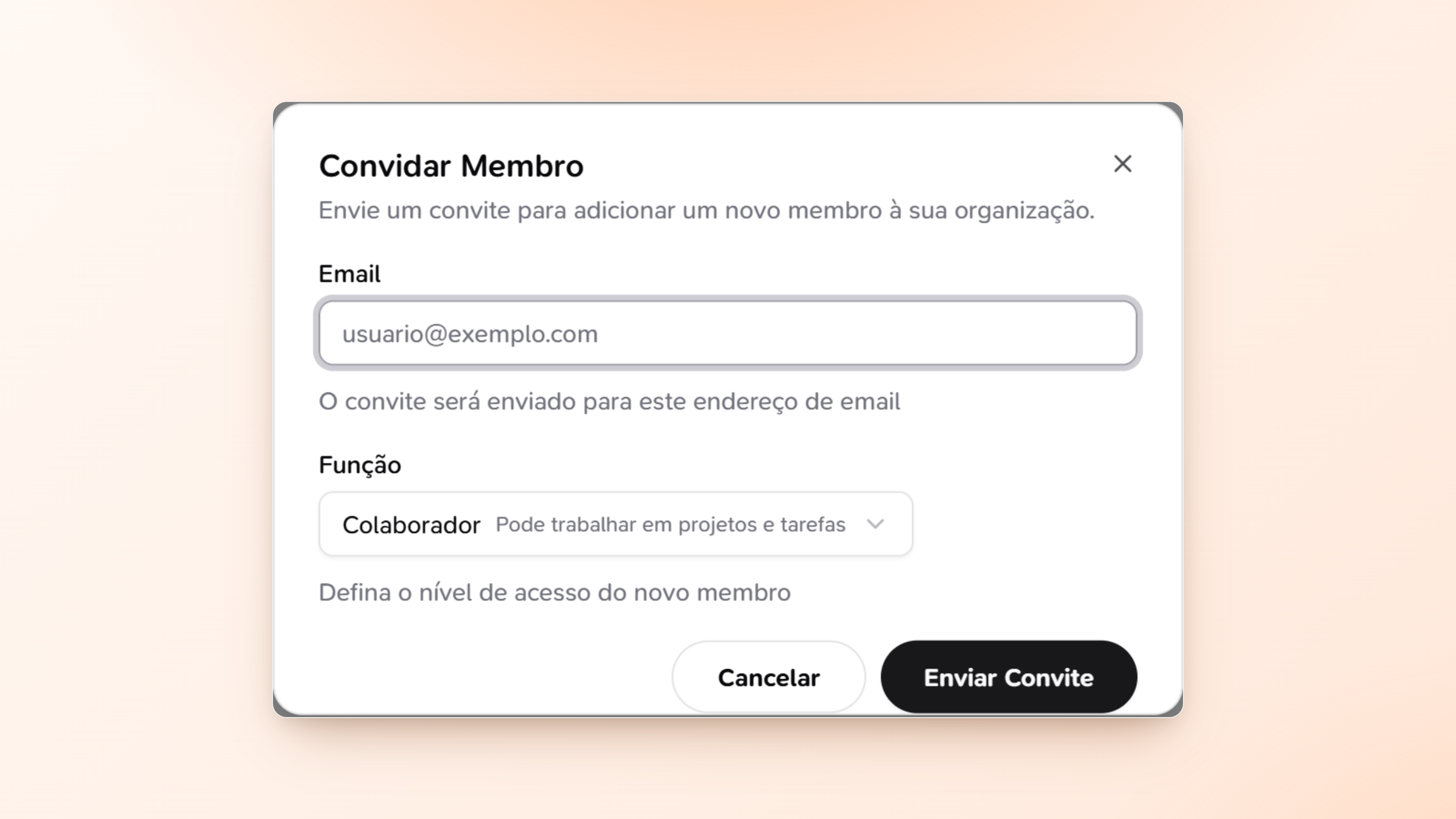 Formulário de convite com seletor de papel