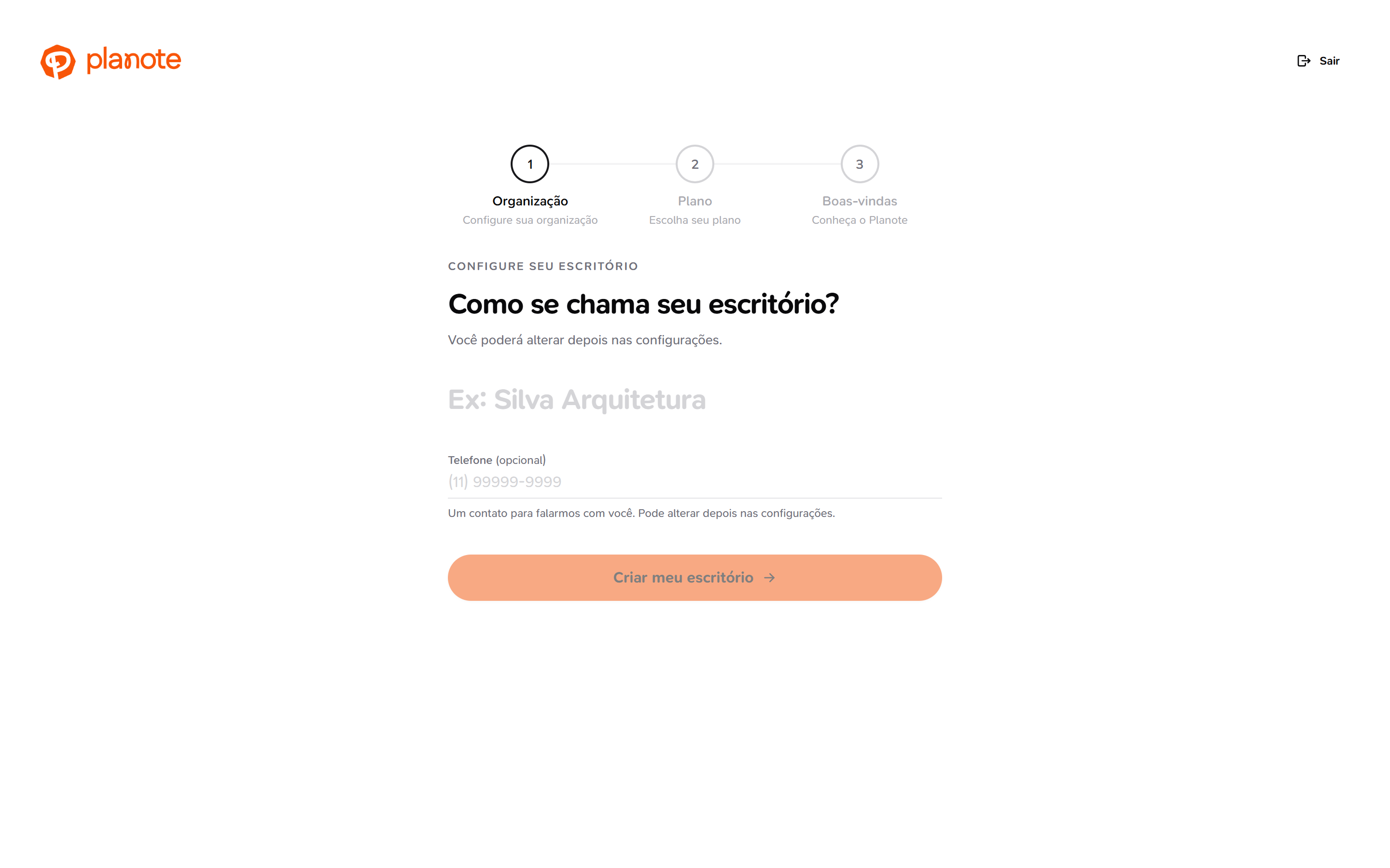 Etapa de criação da organização no onboarding