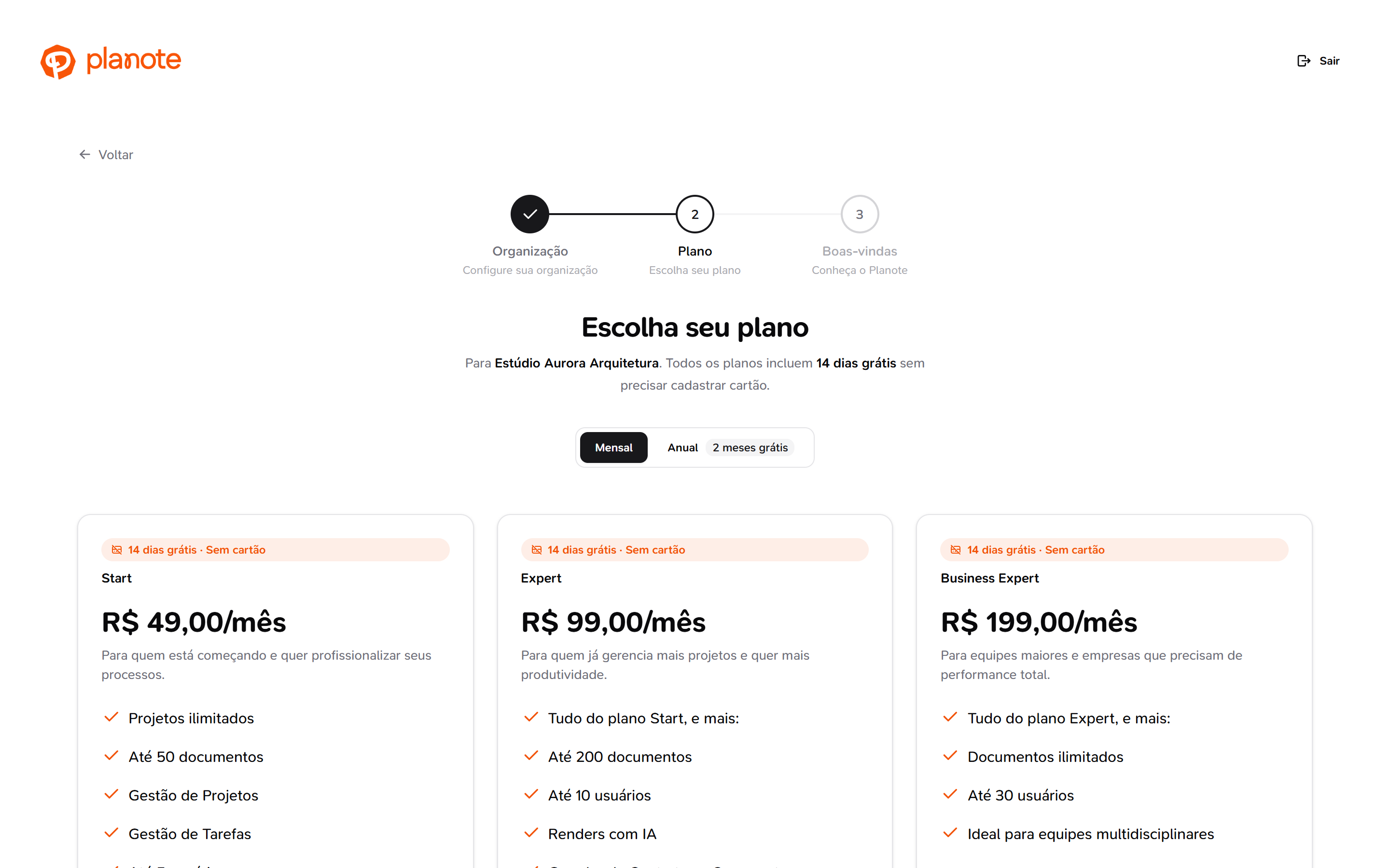 Tela de seleção de planos