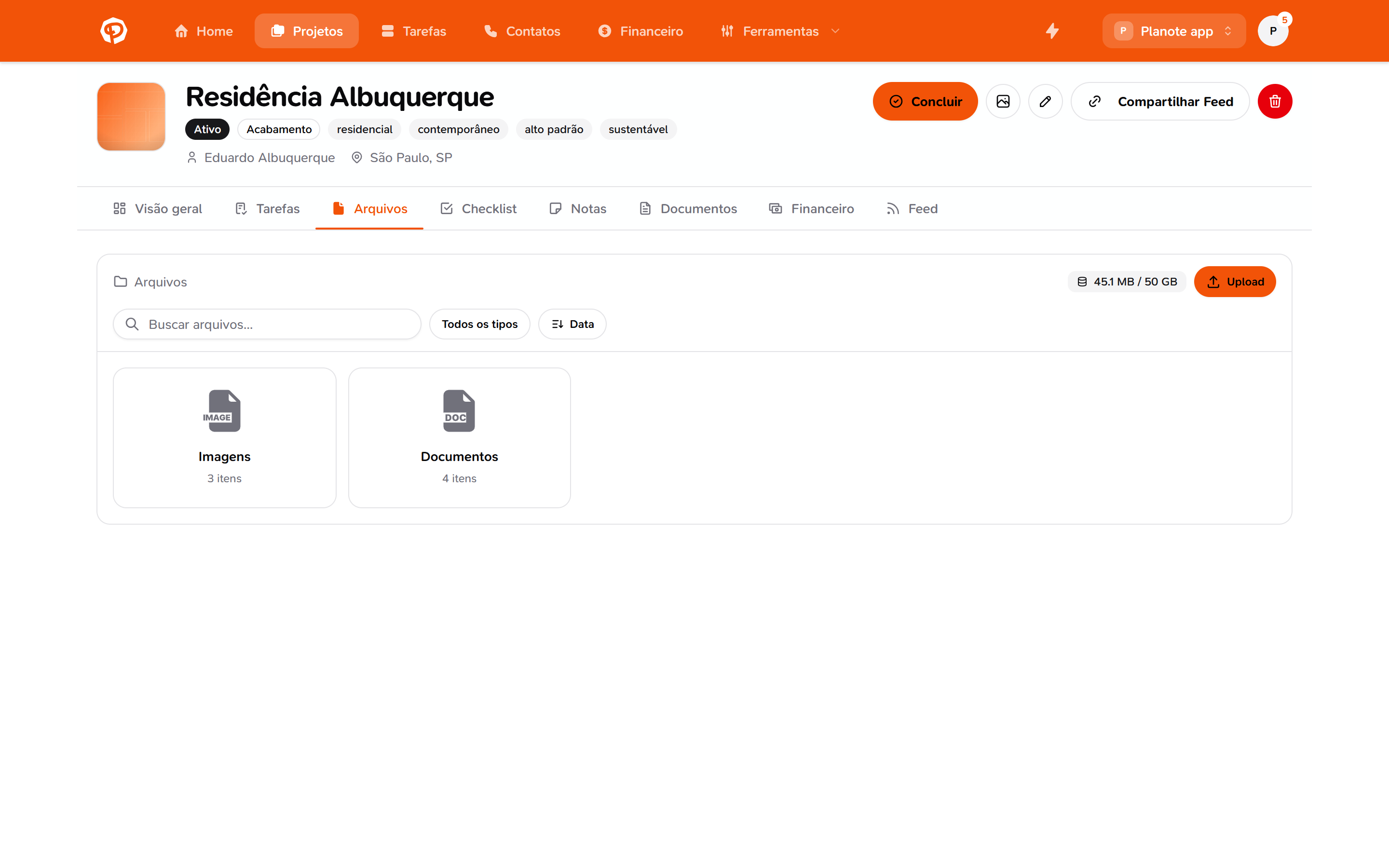Aba de arquivos do projeto
