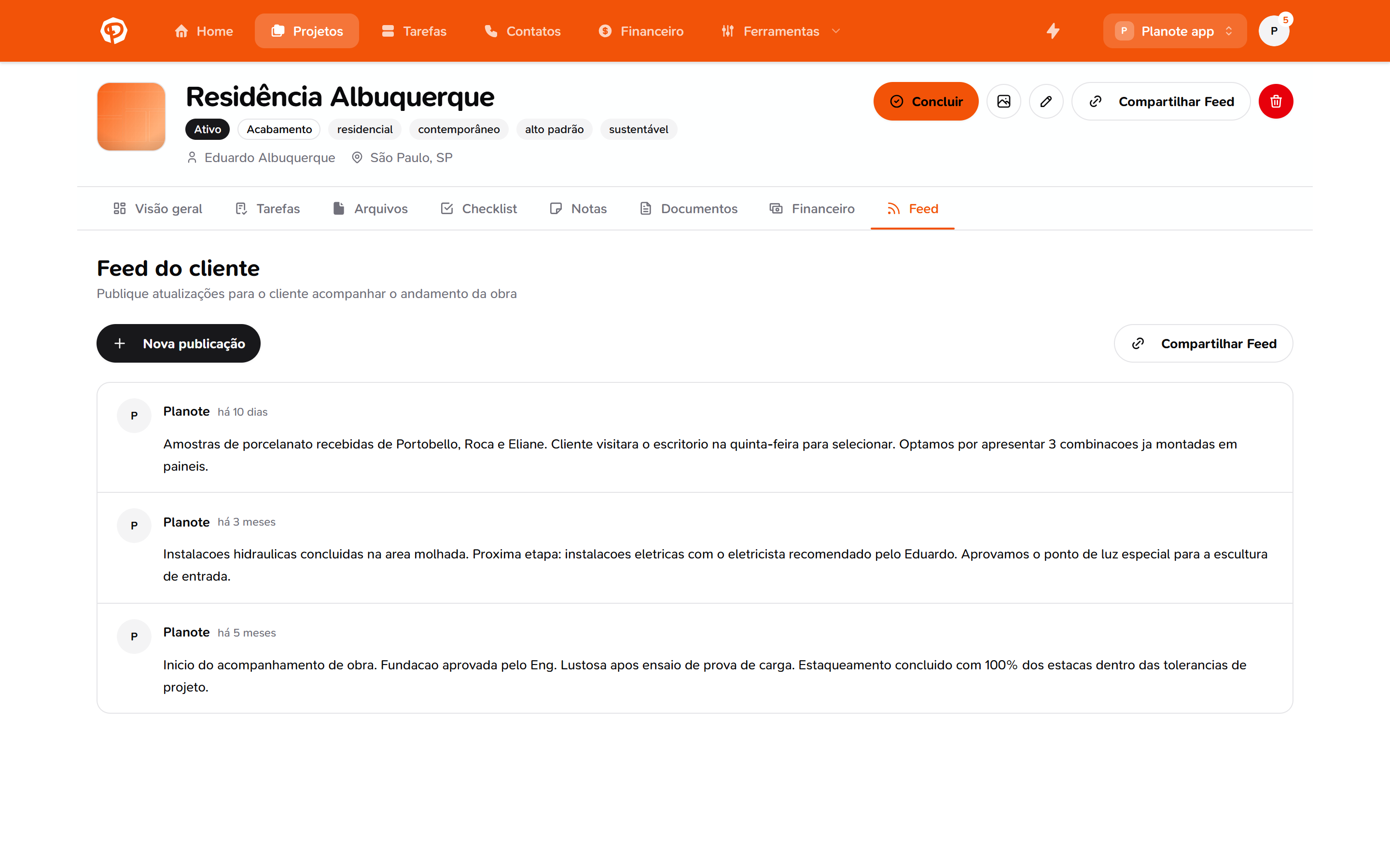 Feed do projeto com uma publicação