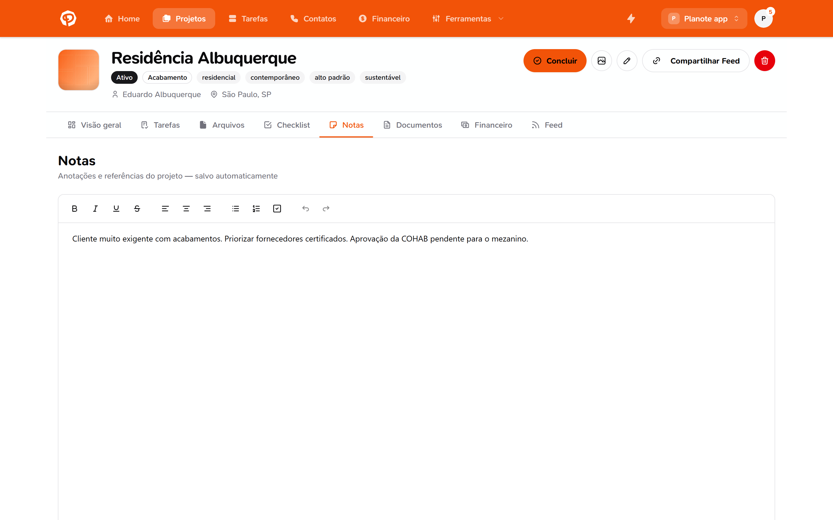 Aba de notas do projeto