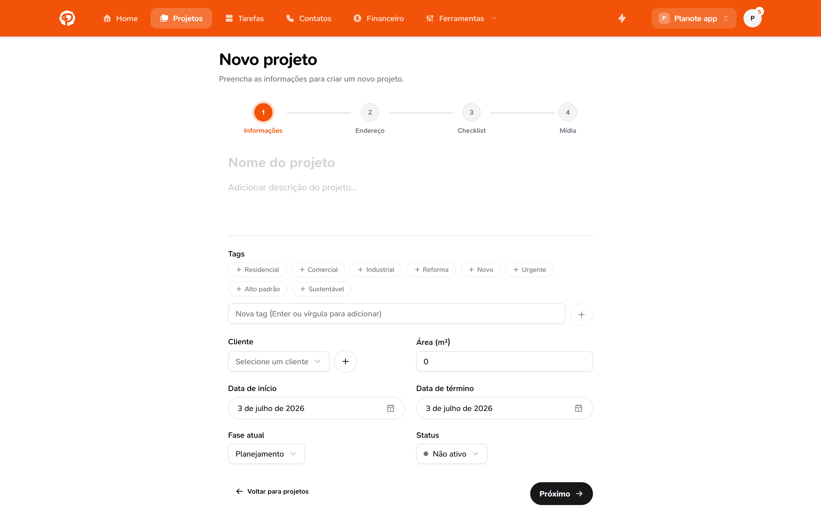 Etapa 1 do assistente de criação de projeto com seletor de cliente