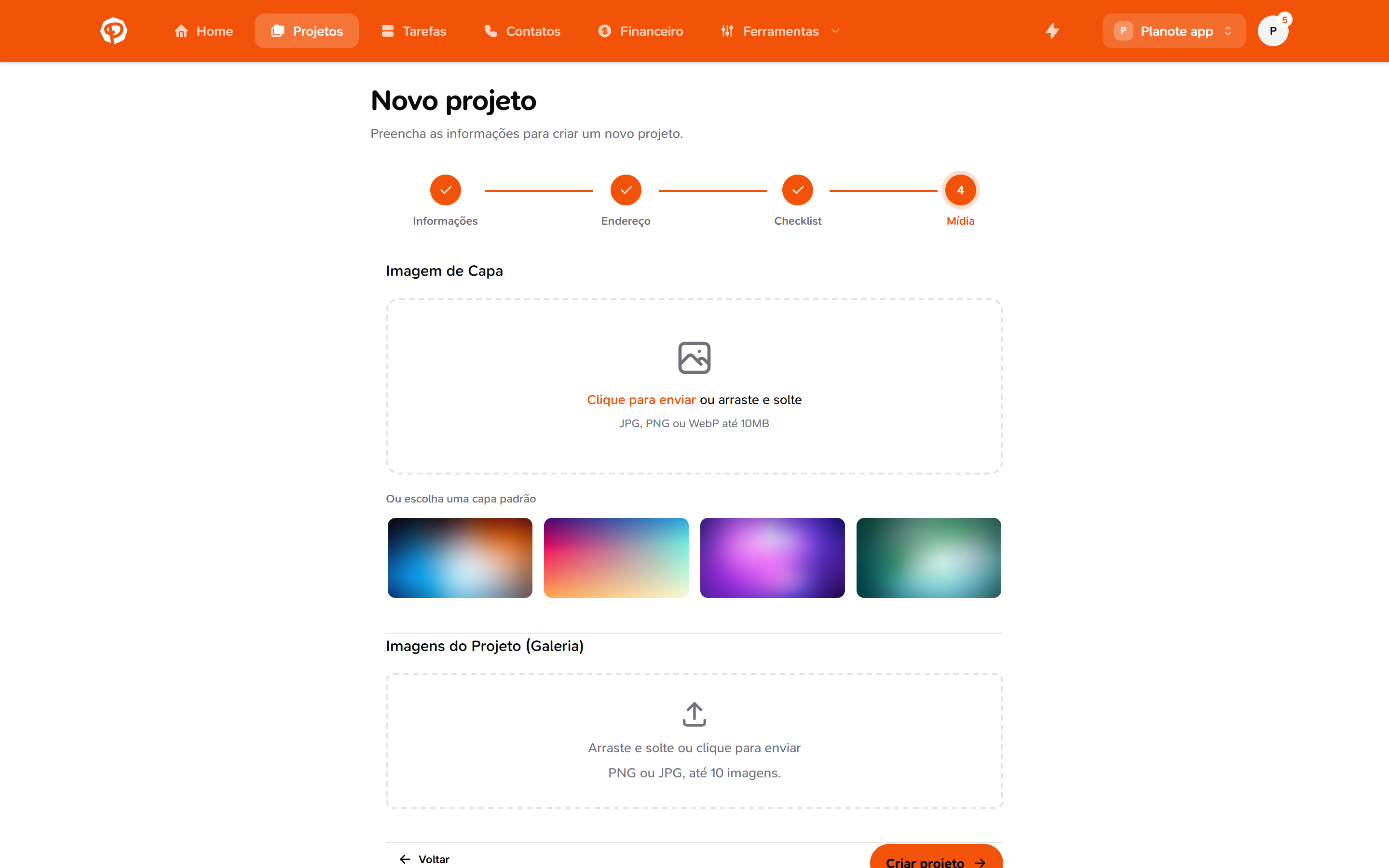 Etapa de upload de imagens do projeto