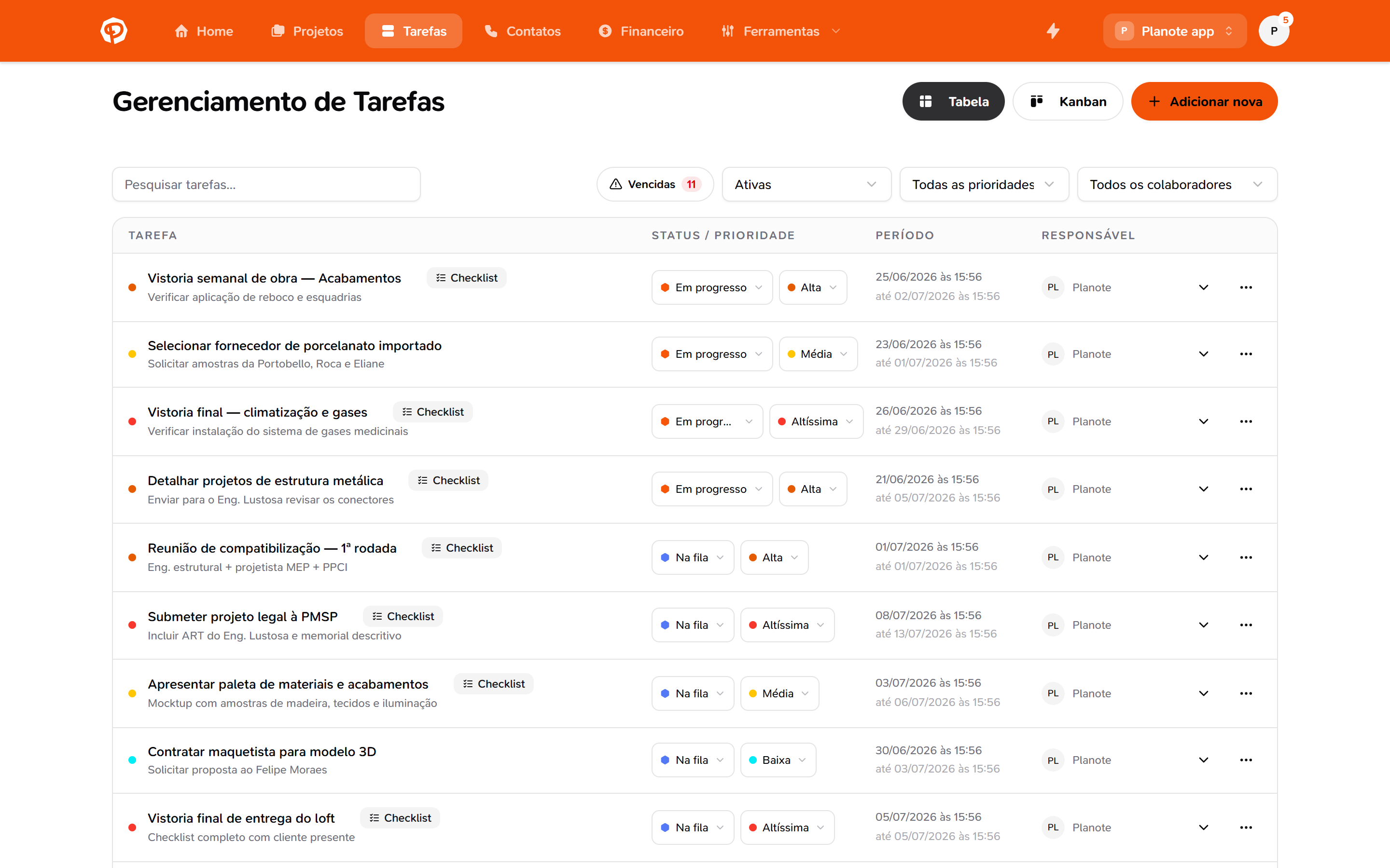 Visualização em tabela de tarefas